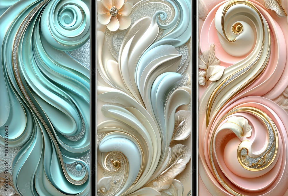 Elegant 3D Floral Swirl Panel Triptych Teal Cream Pink Gold Accents Interior Design Wall Decor Elegant 3D Floral Swirl Panel Triptych Teal Cream Pink Gold Accents Interior Design Wall Decor