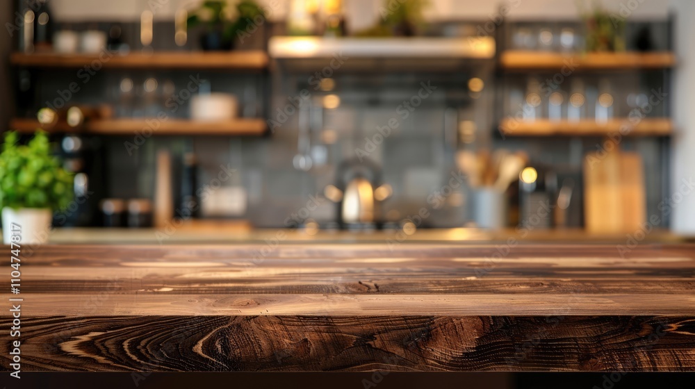 Wooden table surface against blurred kitchen counter backdrop for showcasing products Wooden table surface against blurred kitchen counter backdrop for showcasing products