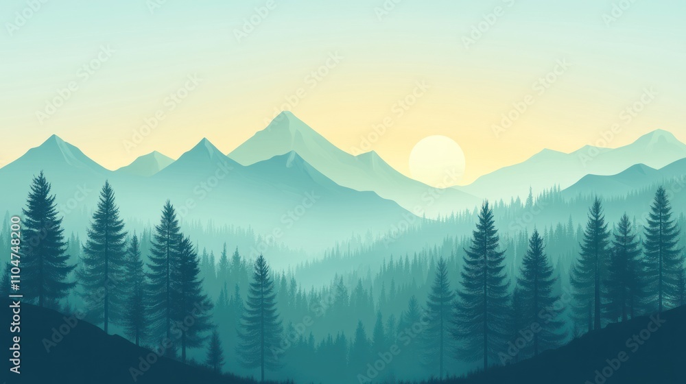 Serene sunrise over misty mountain range and evergreen forest. Serene sunrise over misty mountain range and evergreen forest.
