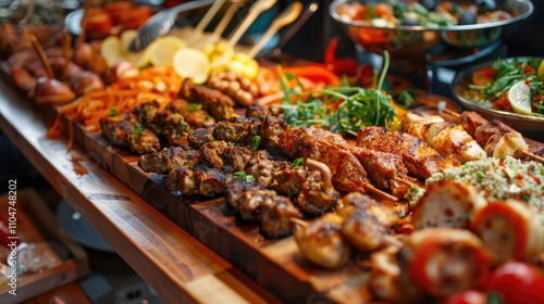 A varied array of food on a wooden plate looks tempting.