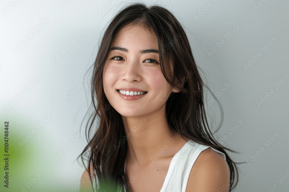 Joyful Smiling Japanese Woman in White Sleeveless Top Joyful Smiling Japanese Woman in White Sleeveless Top