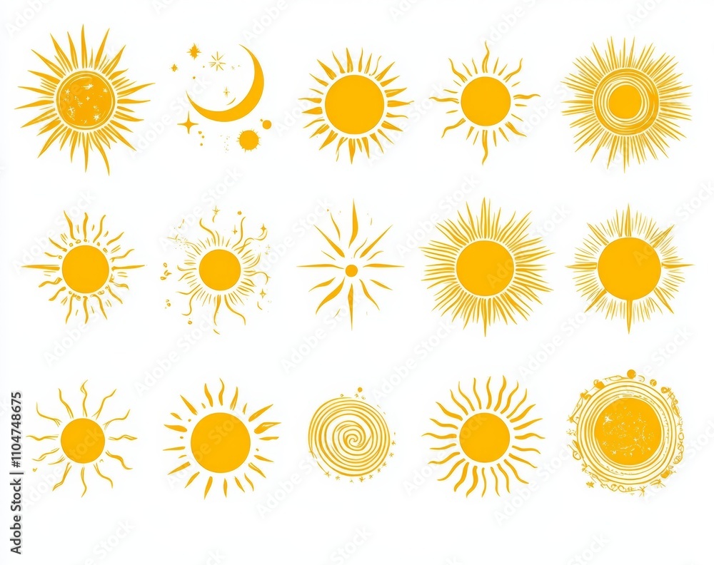 Collection of Hand Drawn Yellow Sun Icons and Illustrations for Summer Designs Collection of Hand Drawn Yellow Sun Icons and Illustrations for Summer Designs