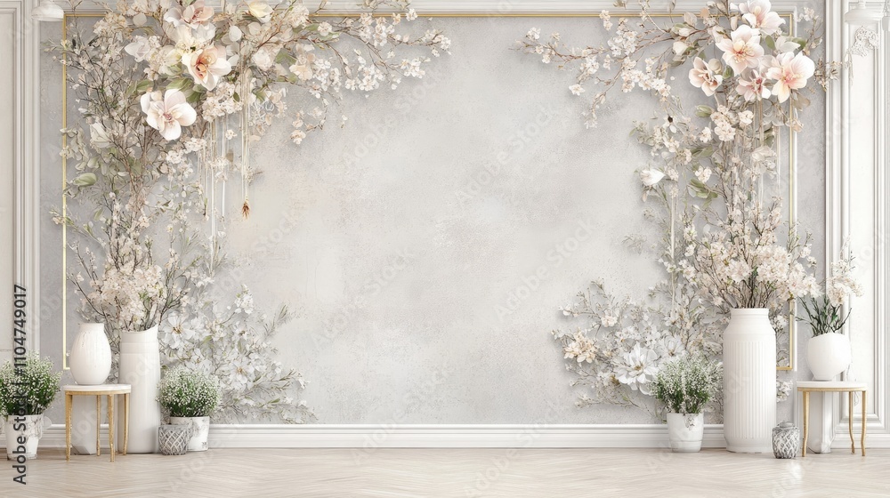 Fototapeta premium White floral wall mural in a classic interior with white vases and plants.
