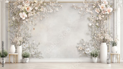 White floral wall mural in a classic interior with white vases and plants.