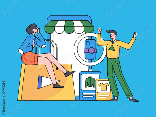 Internet celebrity live broadcast with goods vector internet hand drawn illustration
