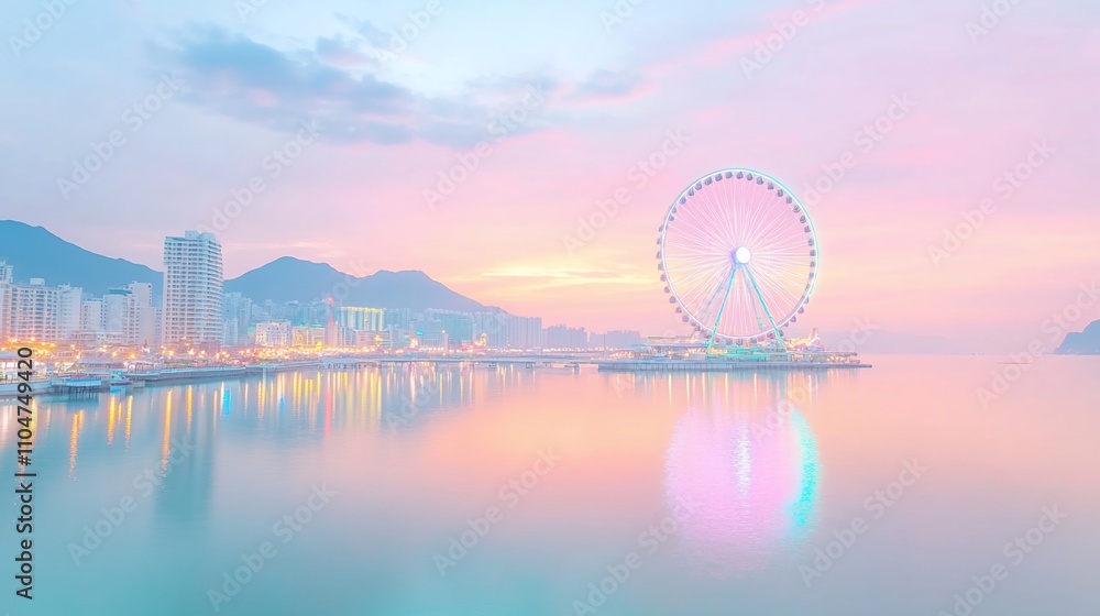 Pastel-toned cityscape waterfront panorama with ferris wheel at sunset. Calm water reflects the vibrant colors of the sky and city. Pastel-toned cityscape waterfront panorama with ferris wheel at sunset. Calm water reflects the vibrant colors of the sky and city.