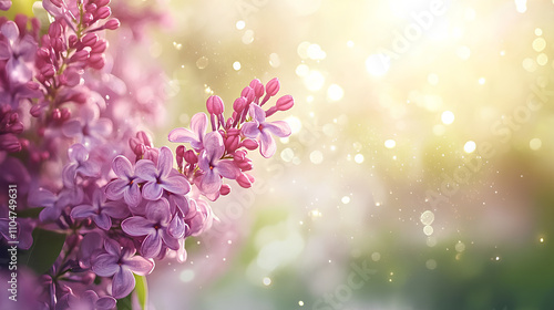 Cluster of Lilac Flowers in Bloom with Sunlit Petals and Dreamy Green Bokeh Background