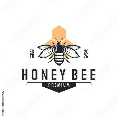 Organic honey bee logo design retro vintage concept bee animal premium template bumblebee