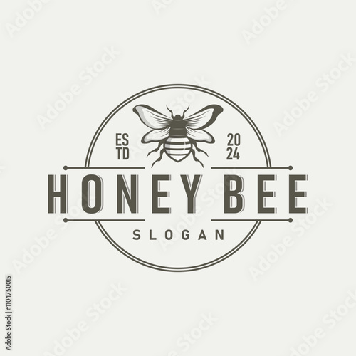 Organic honey bee logo design retro vintage concept bee animal premium template bumblebee