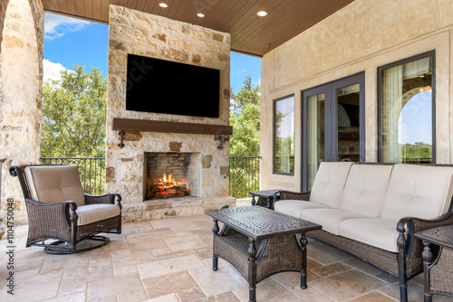 Cozy outdoor living space with fireplace and comfortable seating photo