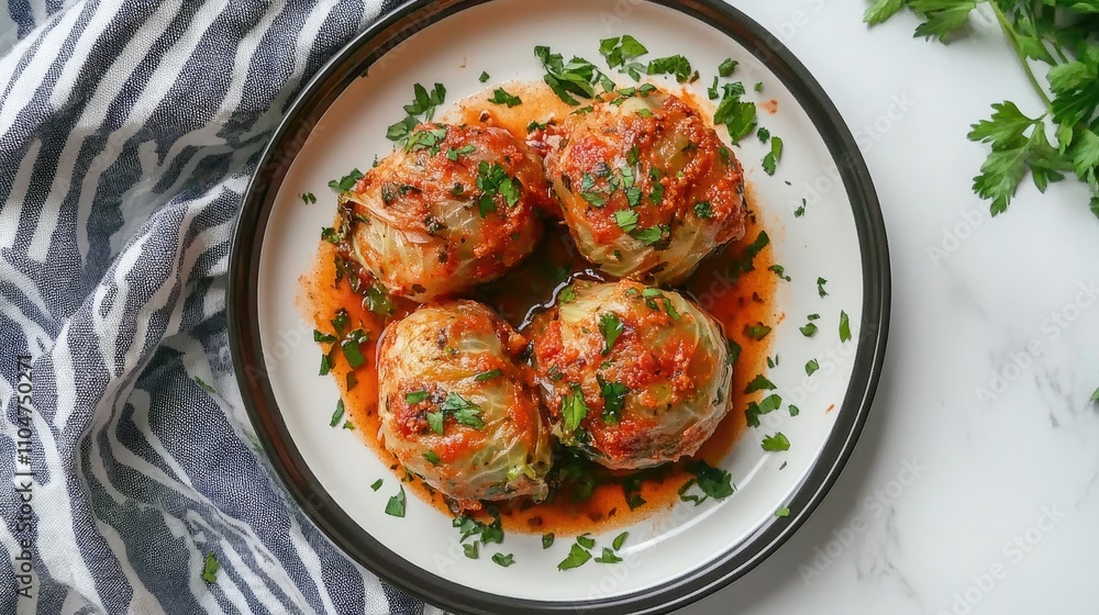 A plate of stuffed cabbage rolls garnished with herbs in a savory sauce. A plate of stuffed cabbage rolls garnished with herbs in a savory sauce.