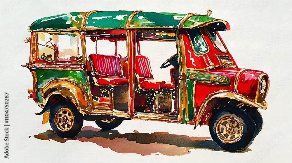 Obraz premium Vibrant Asian Tuk Tuk Watercolor Painting Travel Transport Culture