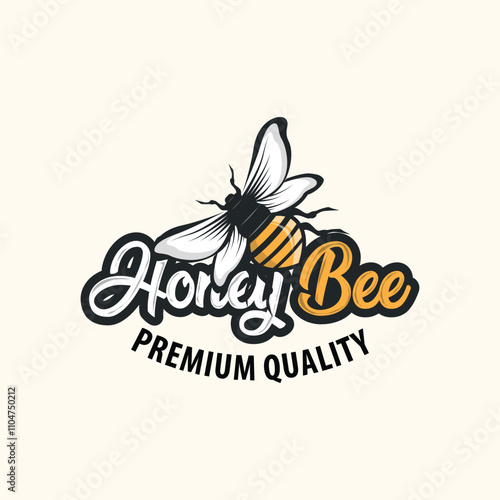 Organic honey bee logo design retro vintage concept bee animal premium template bumblebee