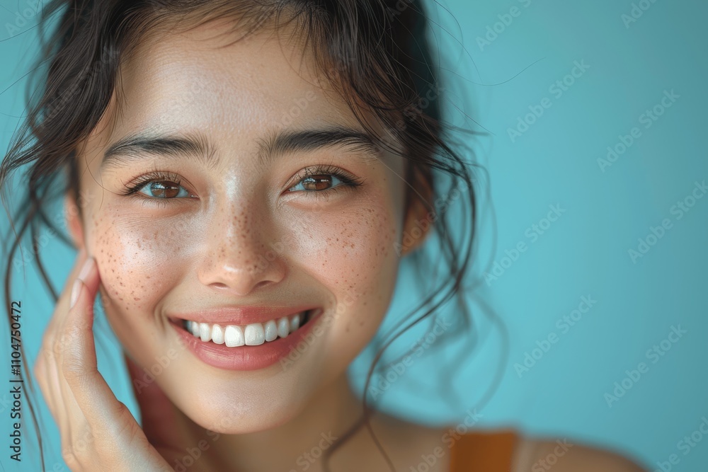 Japanese Woman Smiling Pointing to Face with One Finger, Isolated on Blue Background, Skincare Concept Japanese Woman Smiling Pointing to Face with One Finger, Isolated on Blue Background, Skincare Concept