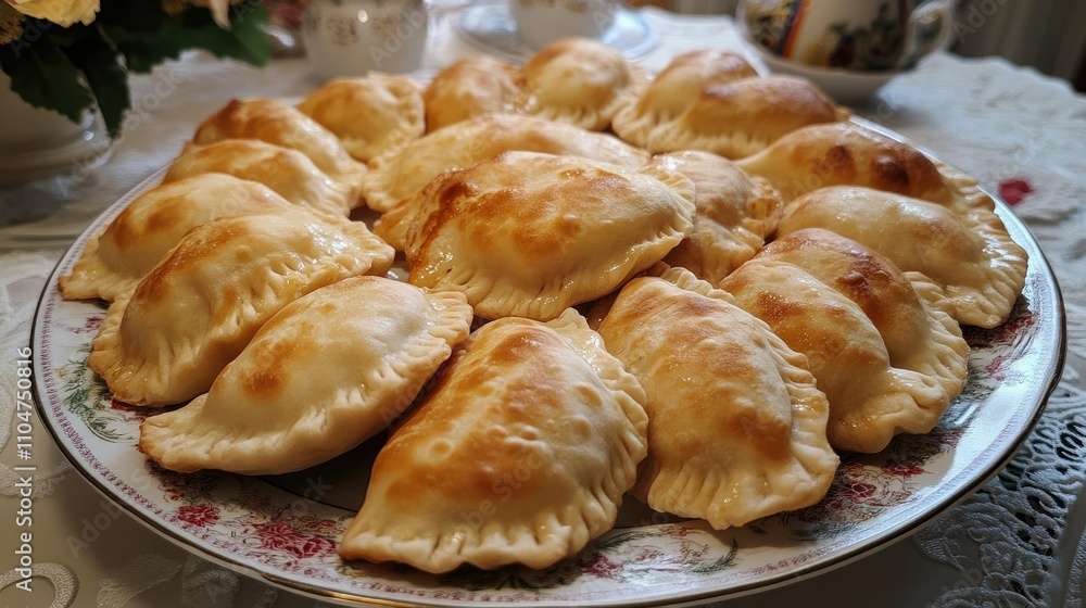 A platter of golden-brown baked dumplings arranged neatly for serving. A platter of golden-brown baked dumplings arranged neatly for serving.