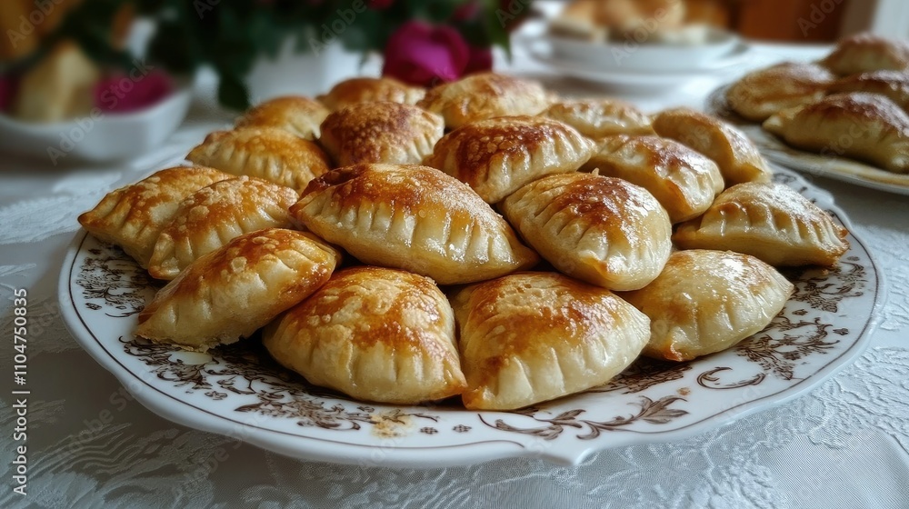 A platter of golden-brown pastries, beautifully arranged for a festive gathering. A platter of golden-brown pastries, beautifully arranged for a festive gathering.