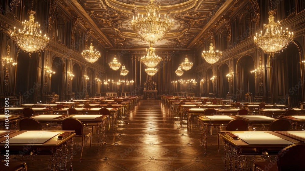 Obraz premium A grand hall adorned with chandeliers and tables, likely for meetings or formal events.