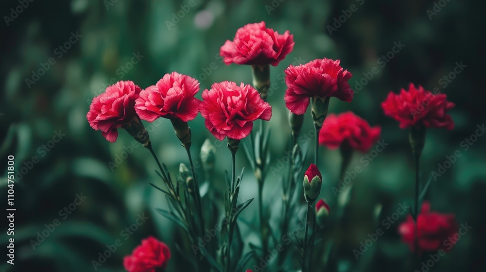 Vibrant Red Carnations in a Lush Green Background Garden Scene Vibrant Red Carnations in a Lush Green Background Garden Scene