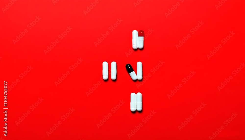 White capsules neatly arranged on a red background White capsules neatly arranged on a red background