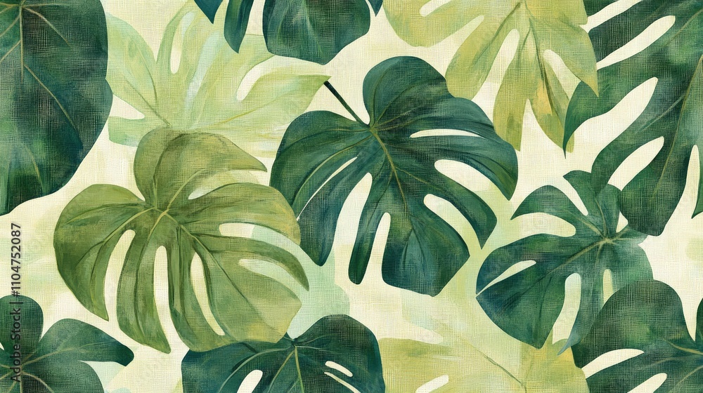 Fototapeta premium Lush Green Tropical Leaves Pattern on Light Background for Design