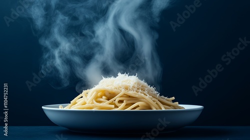 A plate of steaming pasta topped with grated cheese against a dark background.