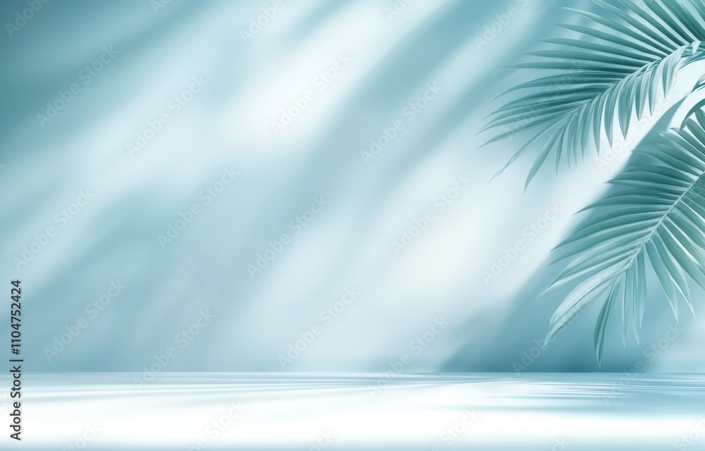 Minimal Abstract Background with Blurred Palm Leaf Shadows on Light Blue Surface Minimal Abstract Background with Blurred Palm Leaf Shadows on Light Blue Surface