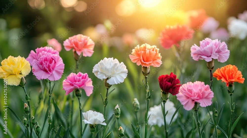 Colorful Carnation Flowers Blooming in a Sunlit Garden Setting Colorful Carnation Flowers Blooming in a Sunlit Garden Setting