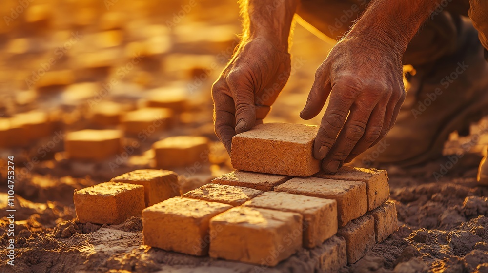 Worker laying bricks at sunset, building process. Worker laying bricks at sunset, building process.