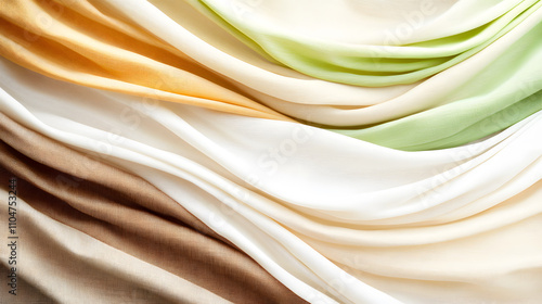 A vibrant display of flowing fabric in soft hues, showcasing textures and colors from cream to green, creating a visually appealing and harmonious composition