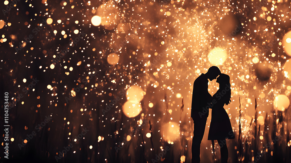A romantic silhouette of a couple kissing against a backdrop of sparkling lights, creating a magical and intimate atmosphere A romantic silhouette of a couple kissing against a backdrop of sparkling lights, creating a magical and intimate atmosphere