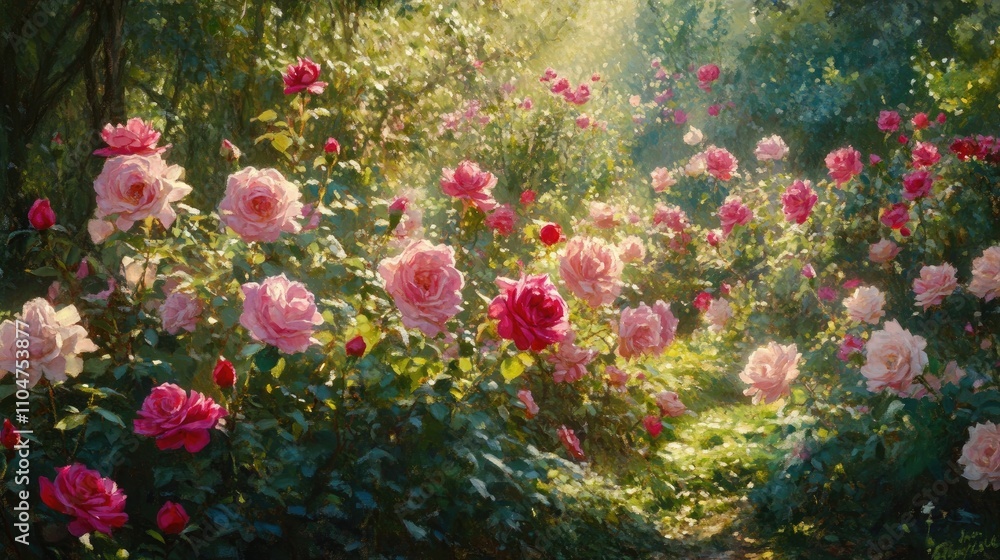 Beautiful Garden Pathway Surrounded by Colorful Blooming Roses Beautiful Garden Pathway Surrounded by Colorful Blooming Roses