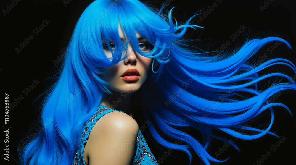 Naklejka premium duplicate of a woman with bright blue hair in dramatic and surreal surroundings