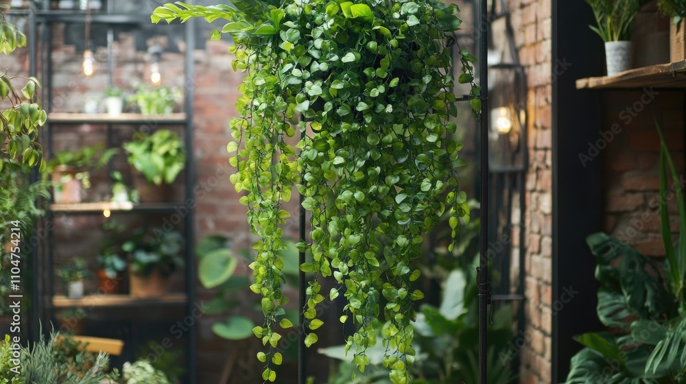 Lush Green Hanging Plant in Decorative Indoor Environment Lush Green Hanging Plant in Decorative Indoor Environment