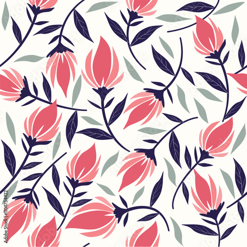Pattern of pink flowers with blue leafs on a white background, printable background for textil decoration