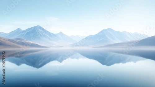 Calm blue lake with snow-capped mountains reflecting on the surface in a misty morning.