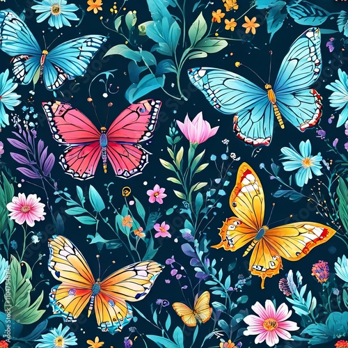 Vibrant butterflies fluttering through lush greenery, showcasing brilliant colors against a deep blue backdrop. Perfect for nature lovers, artistic designs, greeting card, print, digital designs.