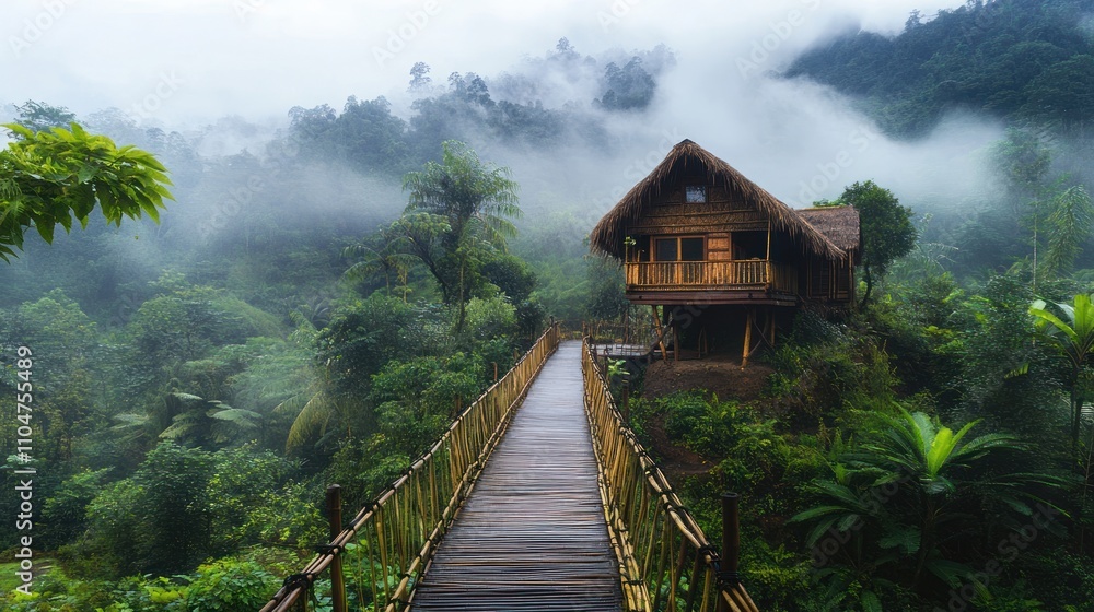 A scenic wooden walkway leading to a rustic house in a misty tropical forest. A scenic wooden walkway leading to a rustic house in a misty tropical forest.