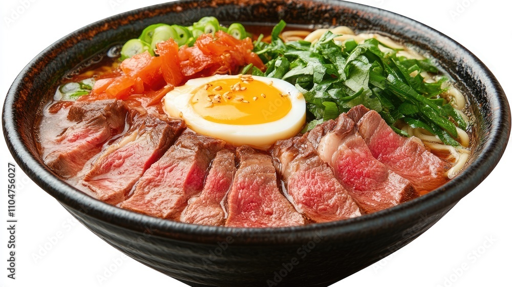 Delicious Bowl of Ramen with Tender Beef, Egg, and Fresh Vegetables Delicious Bowl of Ramen with Tender Beef, Egg, and Fresh Vegetables