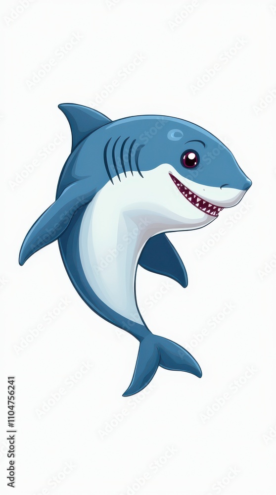 Fototapeta premium Colorful Cartoon Shark Character Smiling and Swimming Joyfully in a Bright Underwater Setting. Generative AI