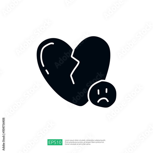 The image features a broken heart symbol alongside a sad face, representing feelings of heartbreak or sadness. It conveys emotions related to love and loss.