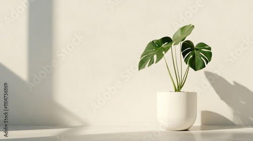 Lush Monstera Plant in Minimalist Pot on Soft Wall Background