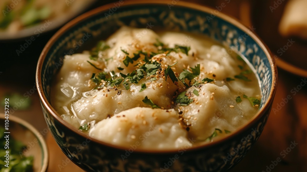Savory Dumplings in Broth Topped with Fresh Herbs and Spices Savory Dumplings in Broth Topped with Fresh Herbs and Spices