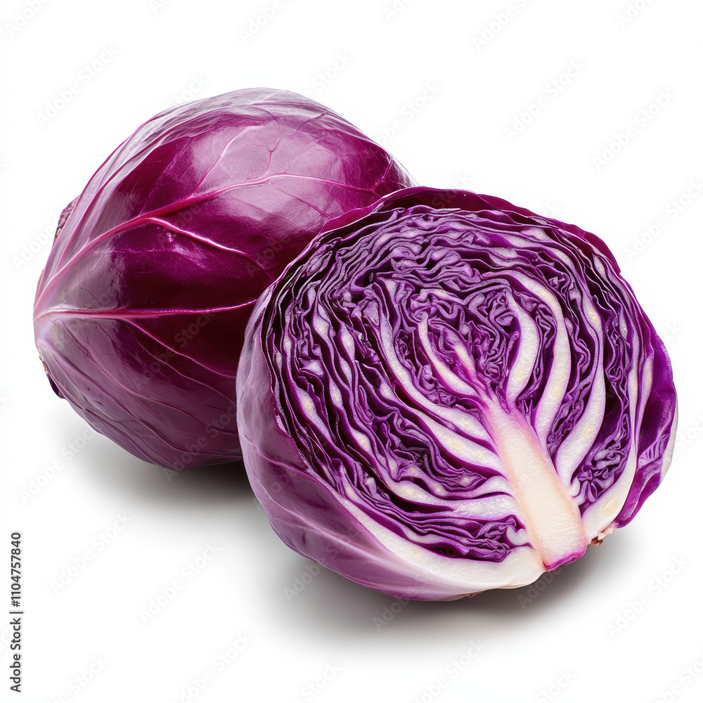 Fresh purple cabbage, vibrant and sliced in half, showcasing its intricate layers and rich color. Perfect for salads, garnishes, or healthy dishes Fresh purple cabbage, vibrant and sliced in half, showcasing its intricate layers and rich color. Perfect for salads, garnishes, or healthy dishes