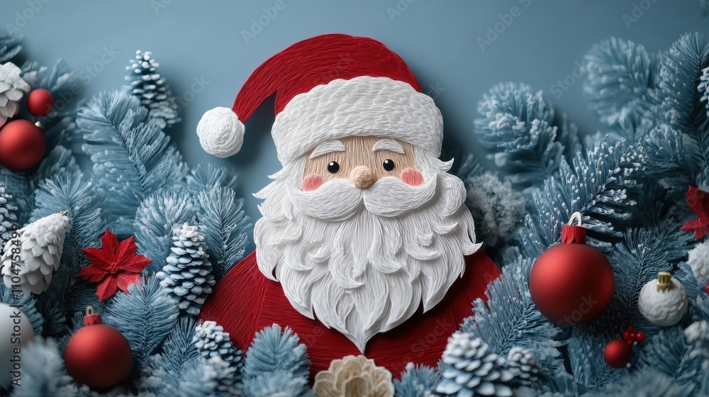 Festive Santa Claus Paper Cut Design Surrounded by Holiday Decorations, Pinecones, and Red Ornaments for Christmas Celebrations and Gift Giving Festive Santa Claus Paper Cut Design Surrounded by Holiday Decorations, Pinecones, and Red Ornaments for Christmas Celebrations and Gift Giving