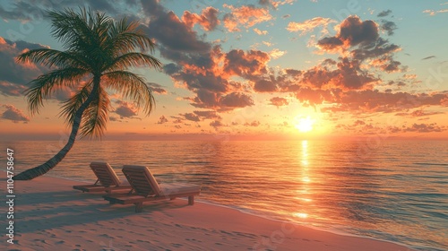 Tropical sunset with two sun beds and a palm tree on the sandy beach - AI