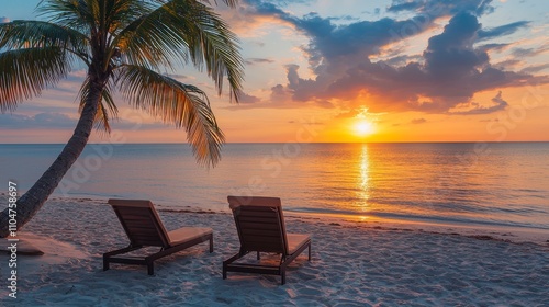 Tropical sunset with two sun beds and a palm tree on the sandy beach - AI