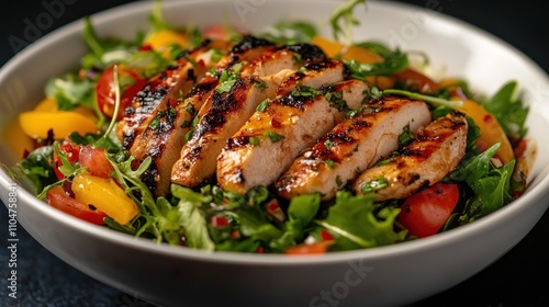 A bowl of salad with grilled chicken, peaches, and tomatoes.