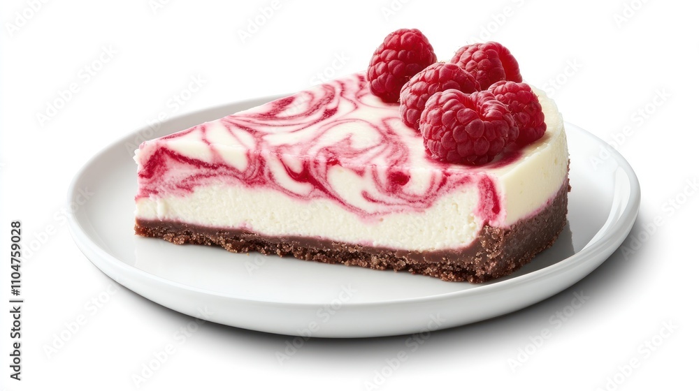 A slice of swirled raspberry cheesecake on a white plate, garnished with fresh raspberries. A slice of swirled raspberry cheesecake on a white plate, garnished with fresh raspberries.