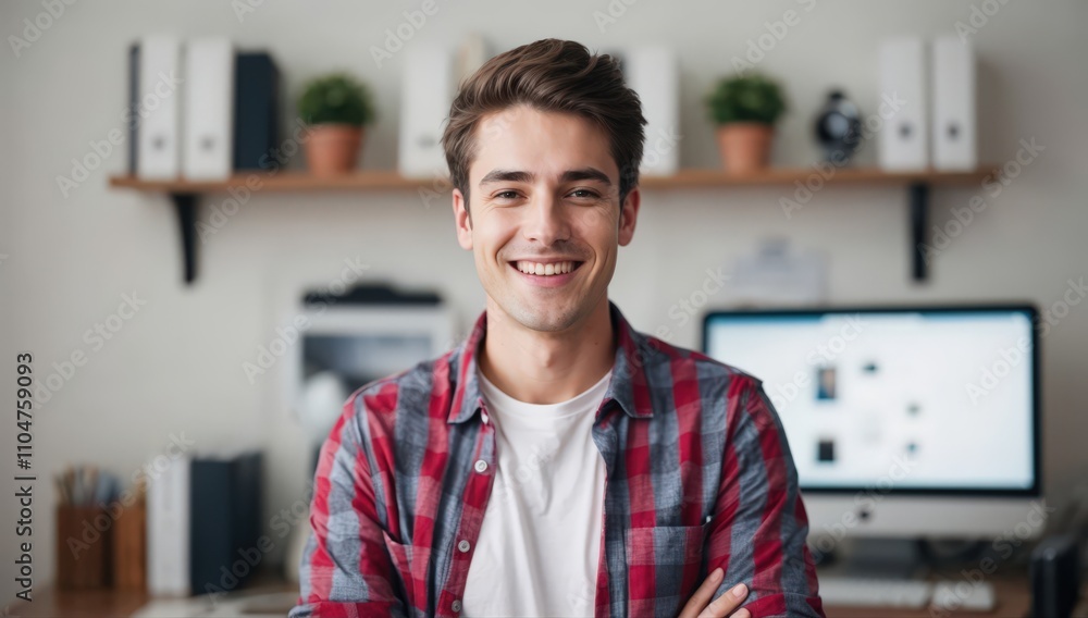Obraz premium Smiling cheerful young adult caucasian american man in casual attire looking at camera standing at home office background. Happy confident white guy headshot face front close up portrait