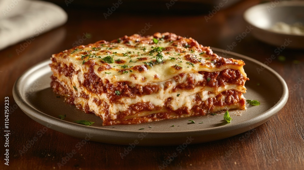 Delicious Homemade Lasagna Served on a Plate with Fresh Herbs Delicious Homemade Lasagna Served on a Plate with Fresh Herbs